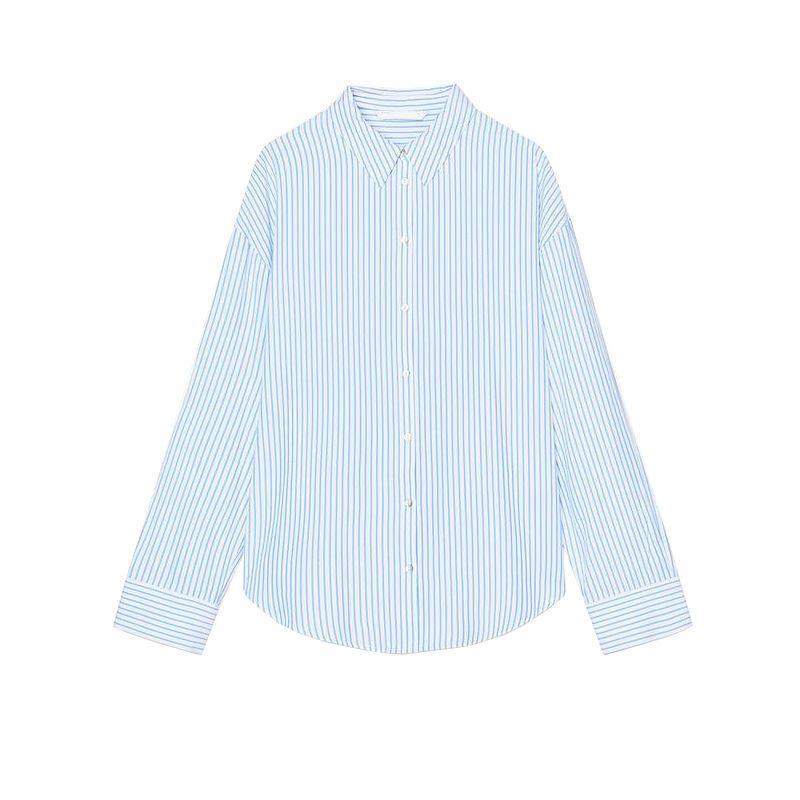 

Spring New Women s Clothing British Style Loose-Fitting Striped Long Sleeves Lapel Casual Shirt Tops 4387232 Blue L