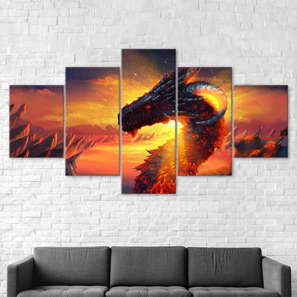 Dragon Fantasy Scenery 5 Piece Five Panel Canvas Print Modern Wall Art Poster Home Decor Gift For Him Her