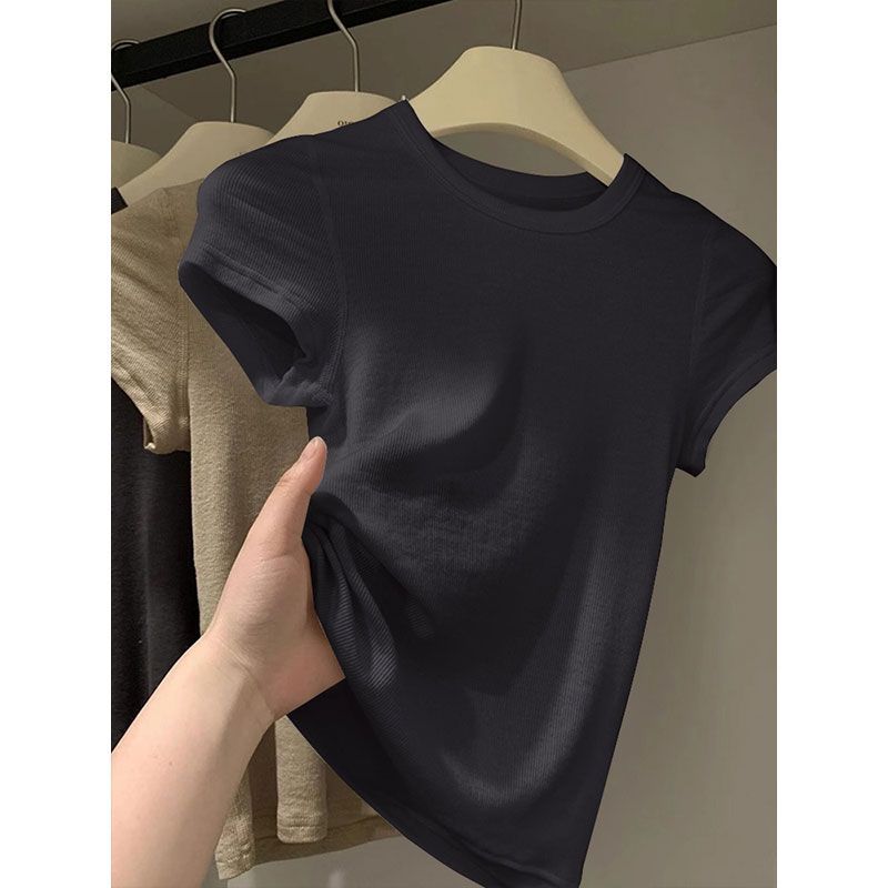 Unique Summer Short Sleeve Cotton T Shirt Women Slim Fit Solid Color Cropped Top Stylish Design