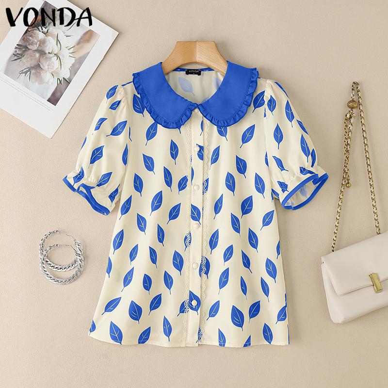 

VONDA Summer Women Doll Collar Short Sleeve Patchwork Print Buttons Casual Blouse 5XL синий