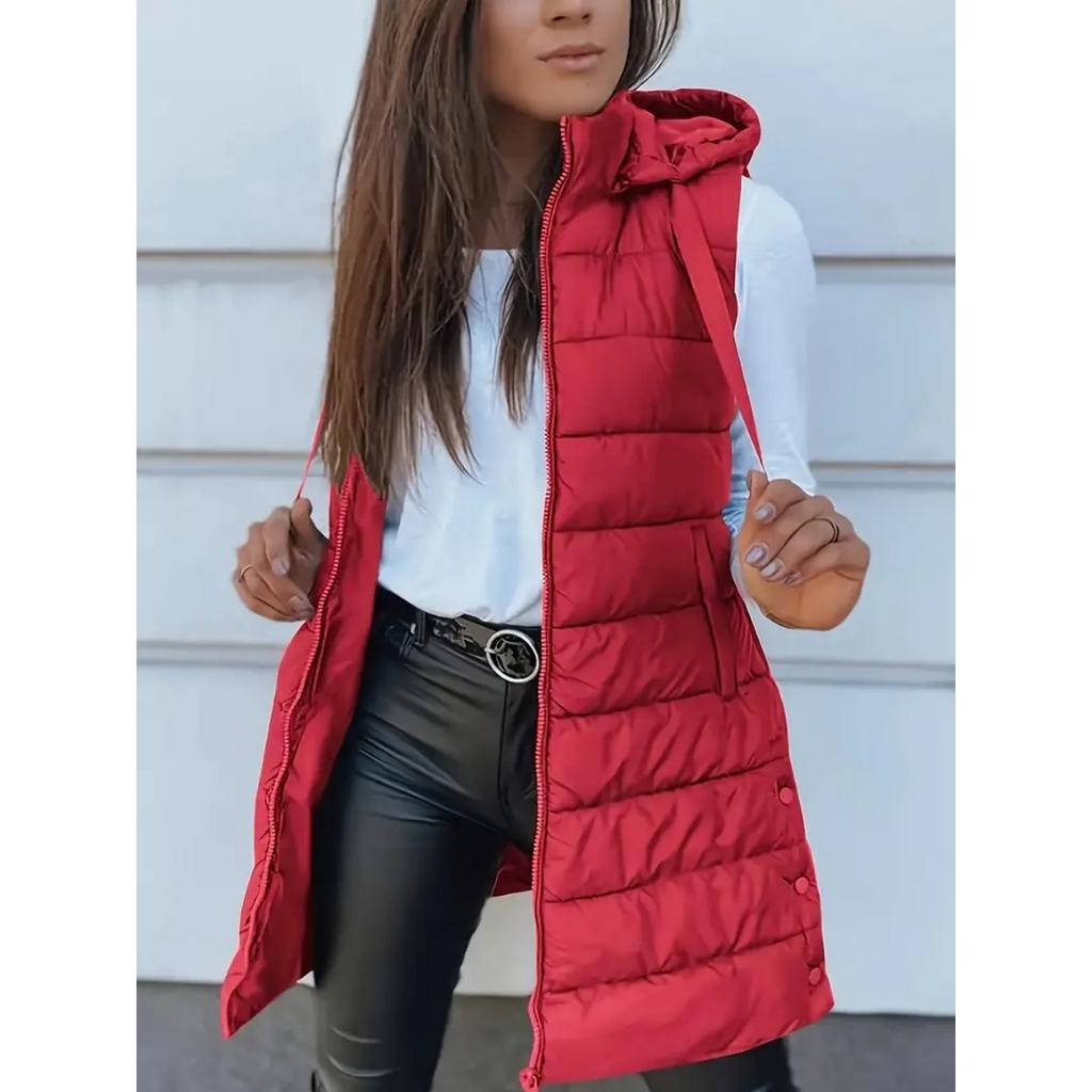 Solid Color Hooded Zipper Cotton Vest Jacket for Women's Mid To Long Size Plus