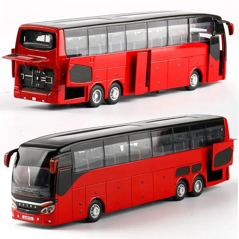 1:32 High Quality Alloy Double Deck Bus Sound Light Metal Diecast Pull Back Simulation Luxury Sightseeing Bus Vehicle Kids Toys