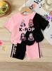 Summer Kpop Popular Cartoon Print Children Clothing Short Sleeve Shorts Set Featuring Casual Harajuku Children Clothes Girl Set