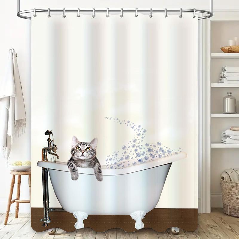 Adorable Cat Bathing Tub Shower Curtain For Bathroom Decoration Modern Home Decor Waterproof Fabric Backsplash Wall Hanging Set