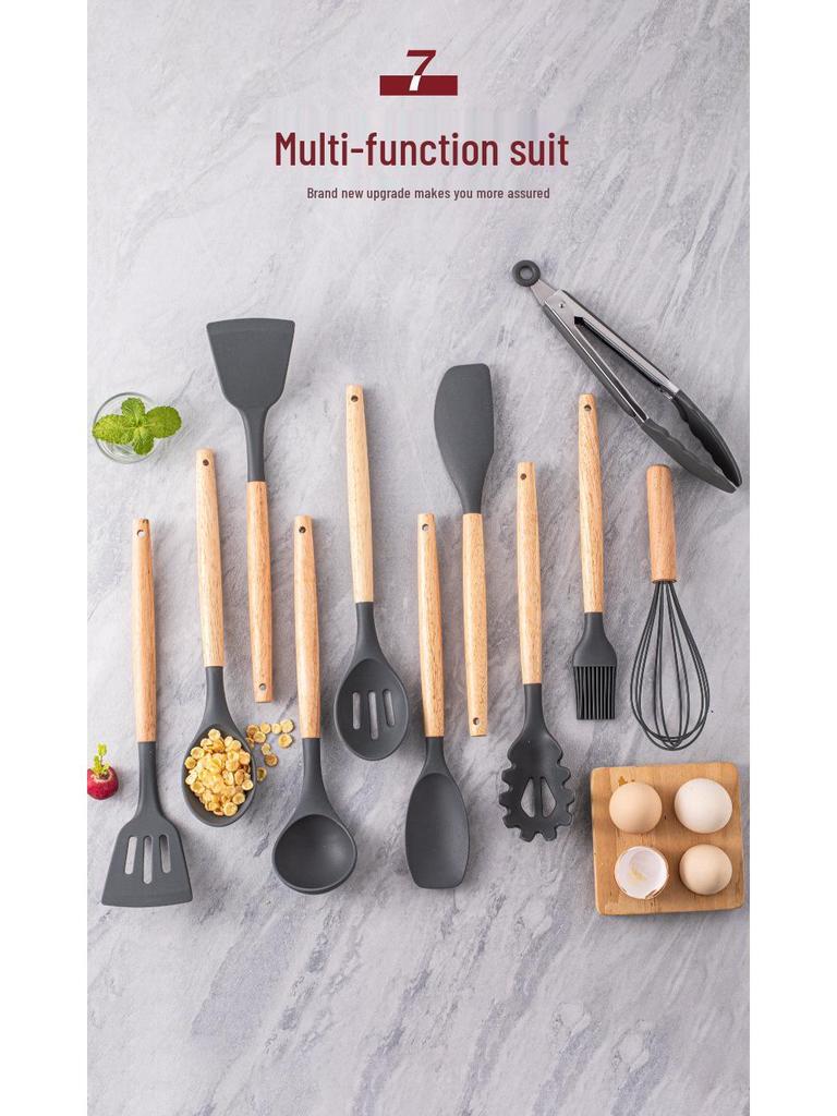 12-Piece High-Temperature-Resistant Silicone Kitchen Utensil Set with Wooden Handles