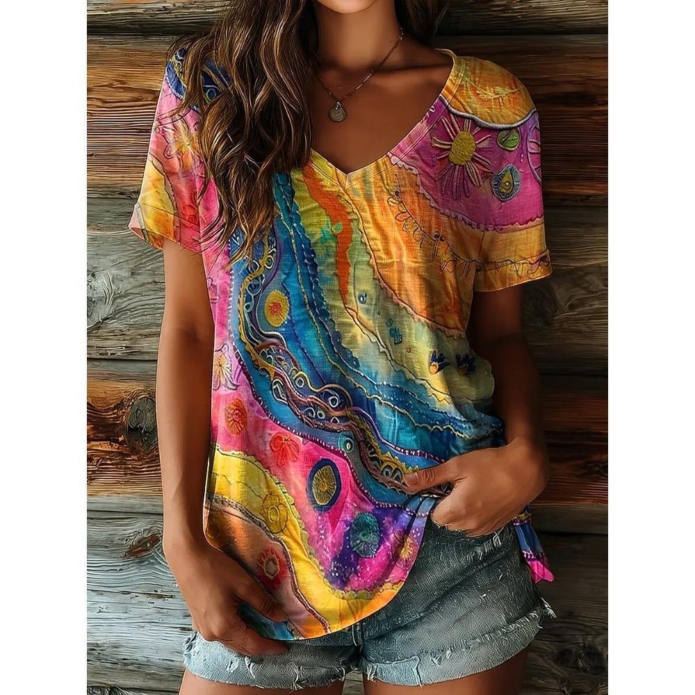 

Women s Tribal Abstract Graphic V Neck T-Shirt, Short Sleeve Casual Tops, Yellow Brown Fashion Daily Outfit for Spring & Summer S