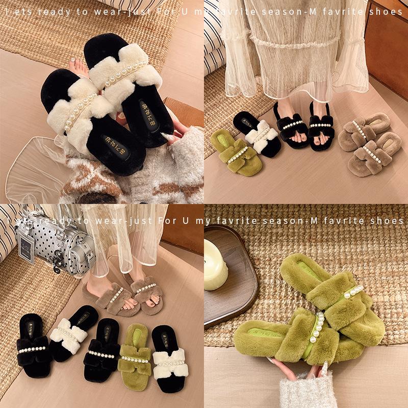 Autumn and winter new girls Xiaoxiangfeng pearl fluffy slippers wear versatile and comfortable thick soles do not tire feet to increase height shoes