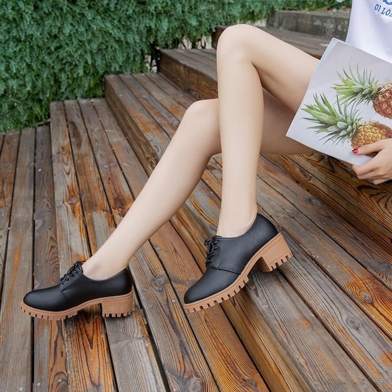 Round Toe Leather Square Heel Lace-Up Mary Janes Platform Pumps Women Shoes  Summer Shoes Woman British Wind Student Shoes