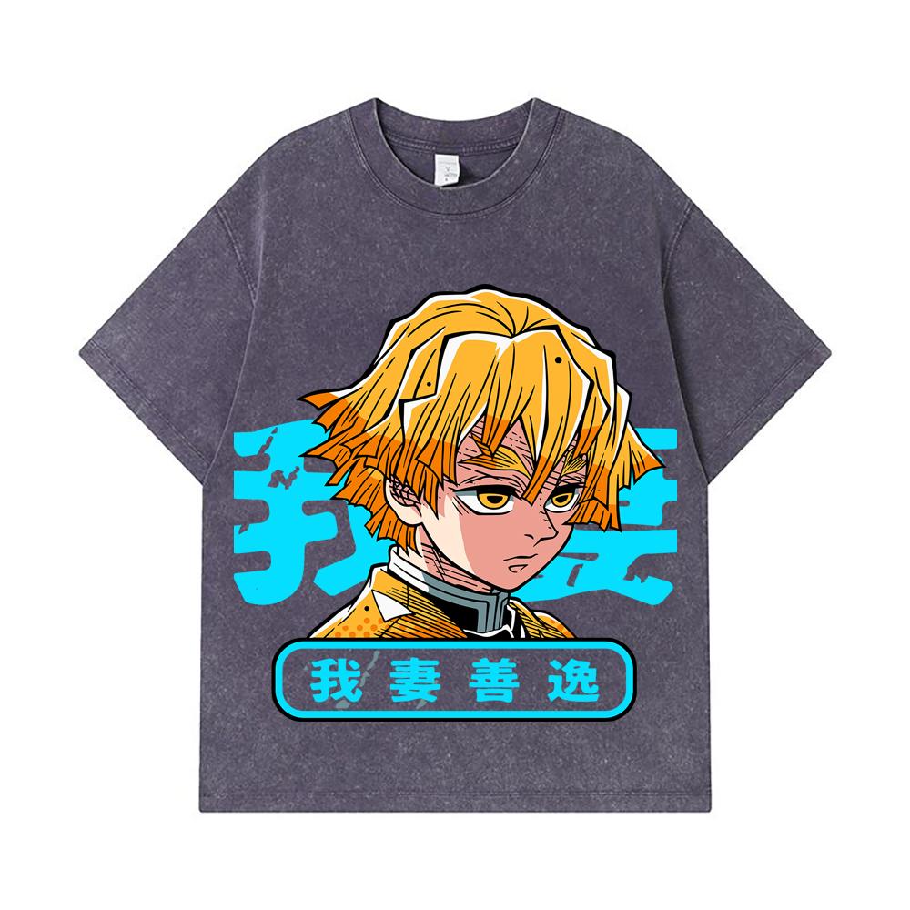 275 GSM Washed T-shirts 100% Cotton Demon Slayer V100 Zenitsu Print Unisex Heavy Cotton T Shirt
