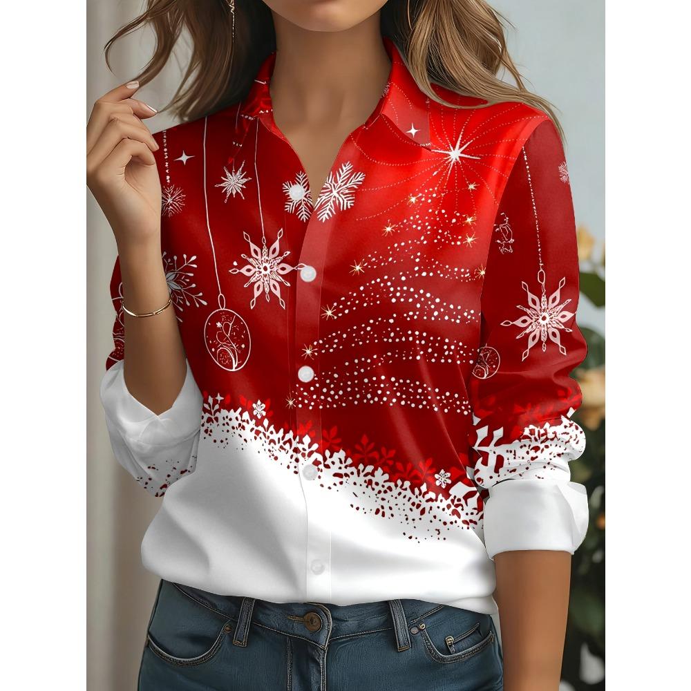 New women's casual long-sleeved shirt red background decoration snowflake Christmas tree pattern print