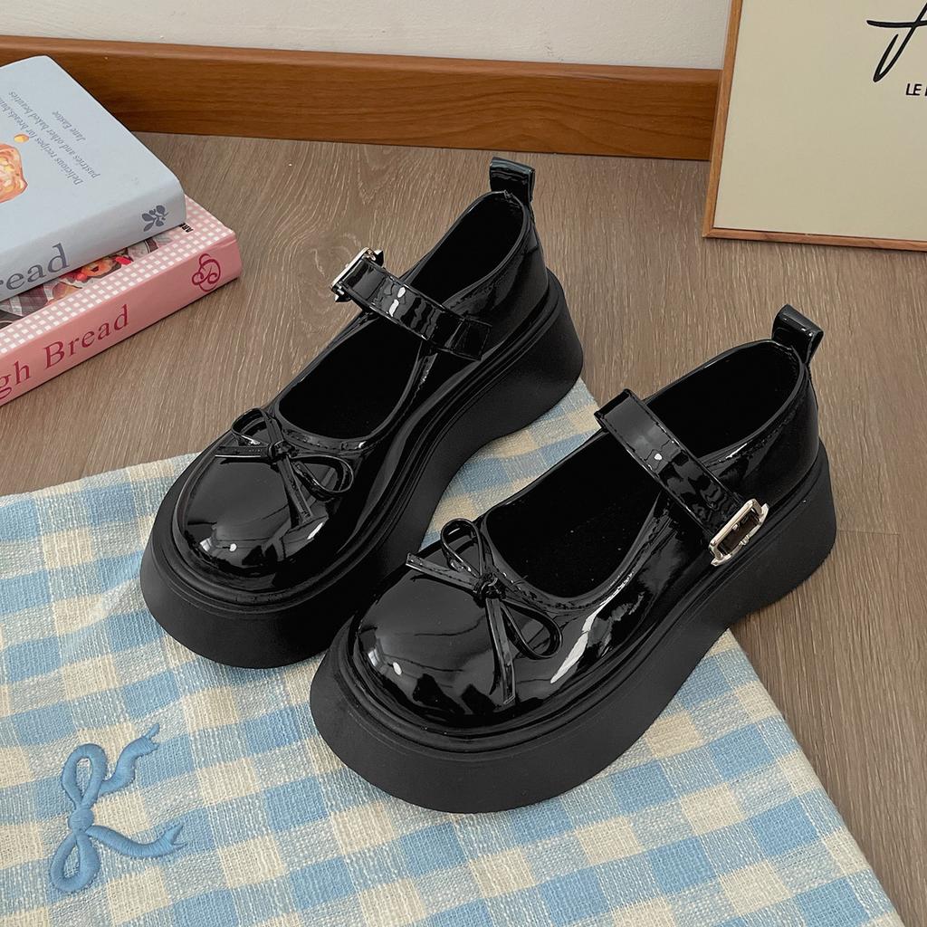 Black French round head shallow mouth platform single shoes women's summer 2025 new models with skirts to increase the height of soft soles Mary Jan