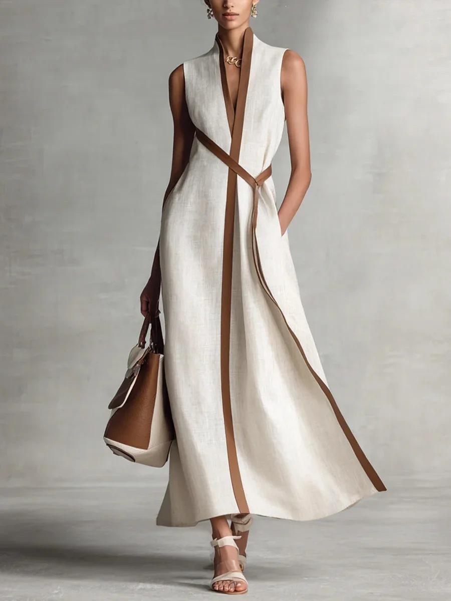 2026 women s contrasting color sleeveless stand-up neck cotton and linen dress S