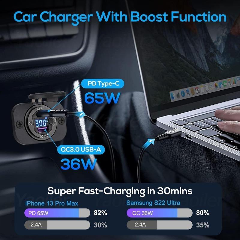 

83W 12V USB Power Outlet 65W PD Laptop Charger Socket & 18W QC3.0 Car USB Port with Digital Voltmeter for Car Marine Motorcycle