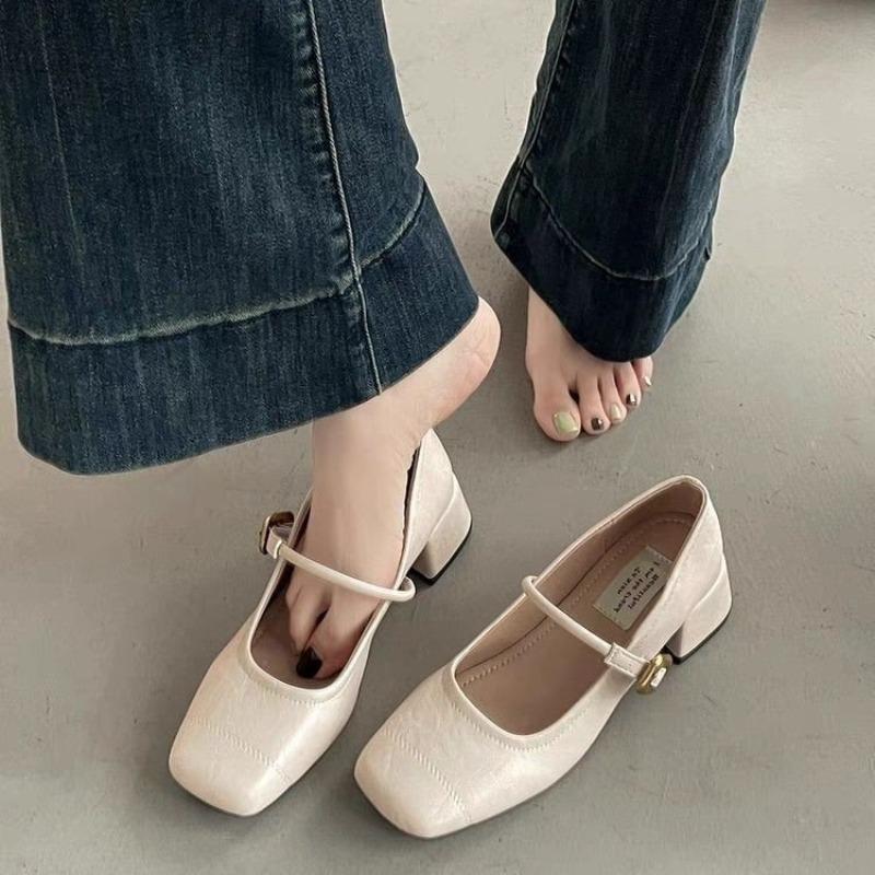 Retro Shallow Mouth Square Head Mary Jane Shoes Women's Autumn New Thick Middle Heel with Skirt Loafers