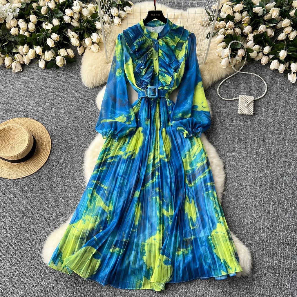 French retro elegant dress women's autumn new sweet fungus edge splicing long-sleeved waist printing chiffon skirt