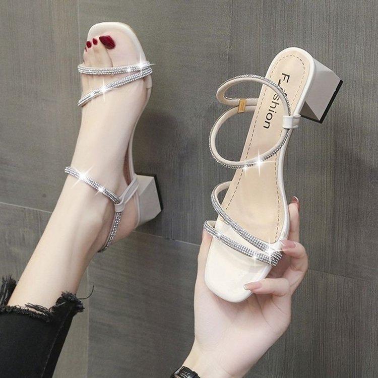 Sandals fairy fairy wind 2025 new rhinestone word with thick heel Roman high heels Internet celebrity two wear summer women's shoes