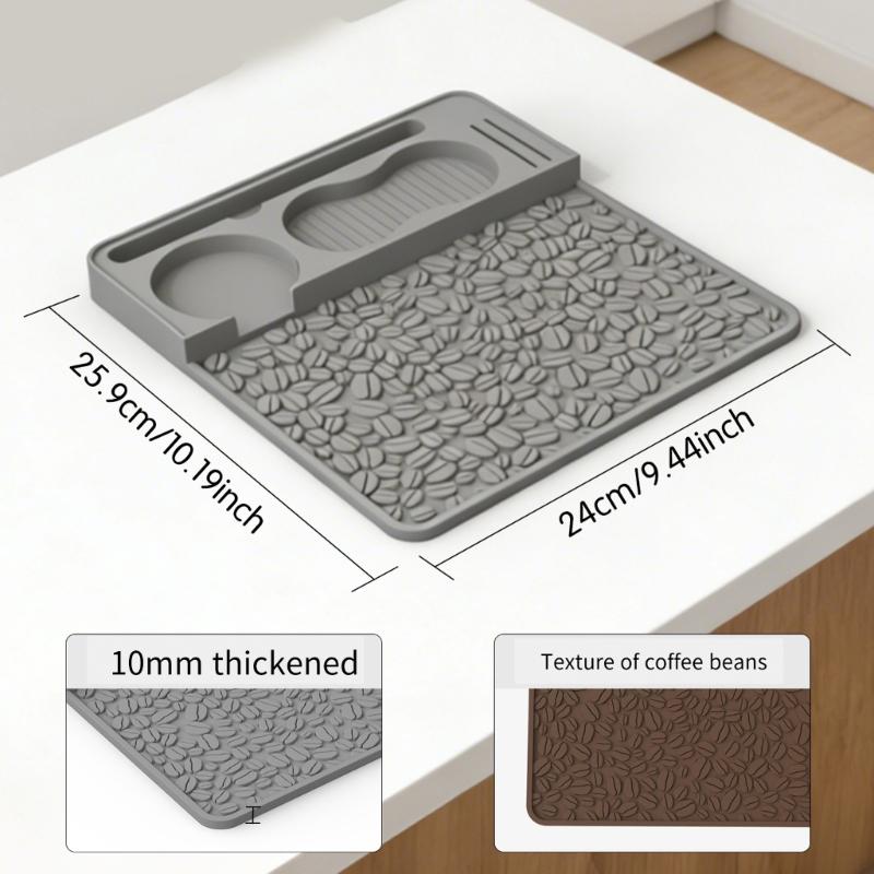 Silicone Coffee Tamping Pad with Textured Work Area, Recessed Tool Holders, Coffee Bean Pattern, and Loose Grounds Control for Brewing