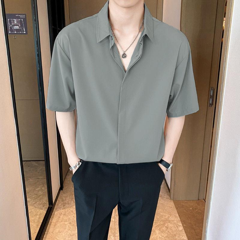 New Summer High End Handsome Fashion Cool Style Flip Collar Buckle Casual Loose Oversize Ice Silk Solid Color Shirt for Men