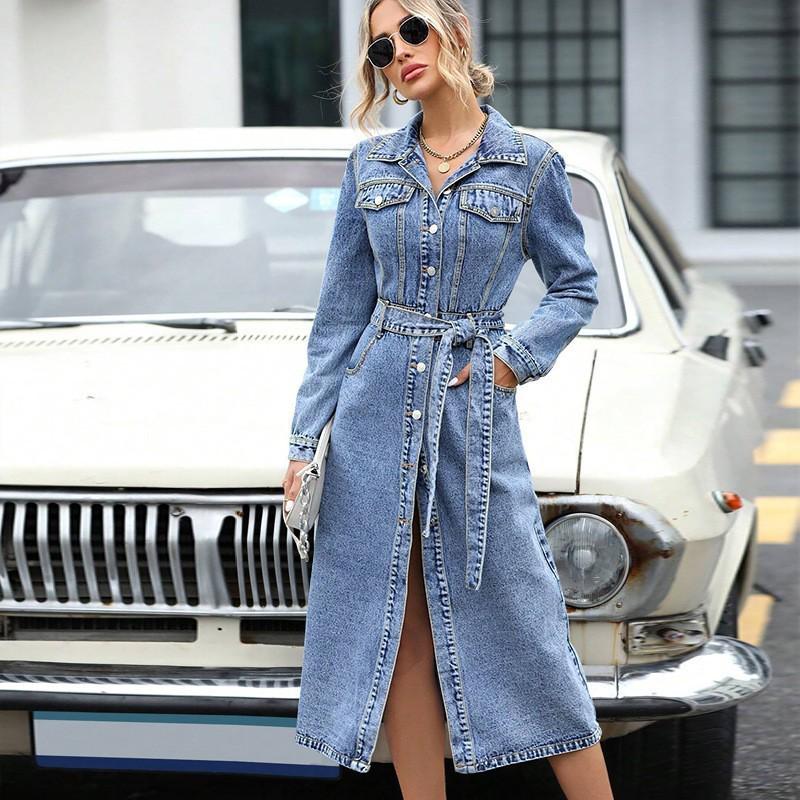 Women's Autumn Winter Long Sleeve Denim Jacket Dress - Waist-Cinching, Versatile Top