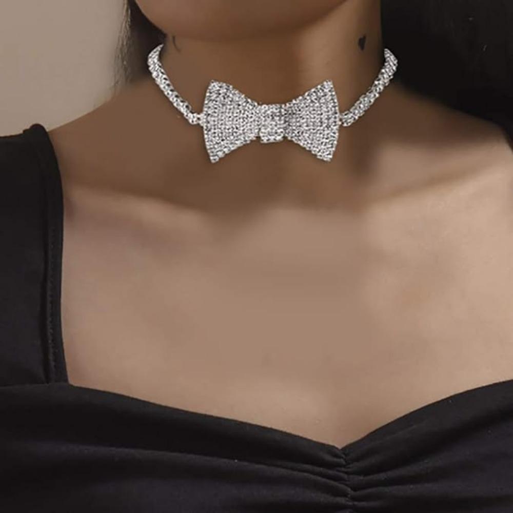 Bohemian Rhinestone Bow Necklace. Silver Crystal Party Jewelry for Women.
