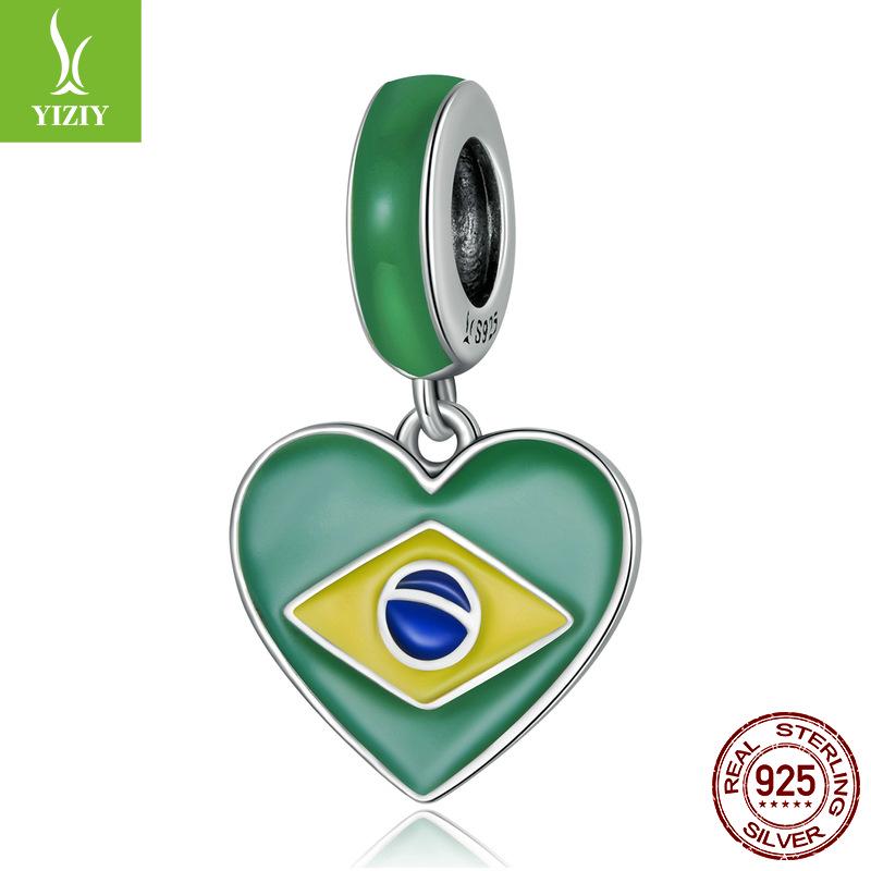 S925 Silver Brazilian Flag Heart Pendant with Green Enamel Drip