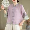 Cotton and linen new summer retro ethnic stand-up collar embroidered shirt women's retro disc buckle color matching seven-quarter sleeve top loose