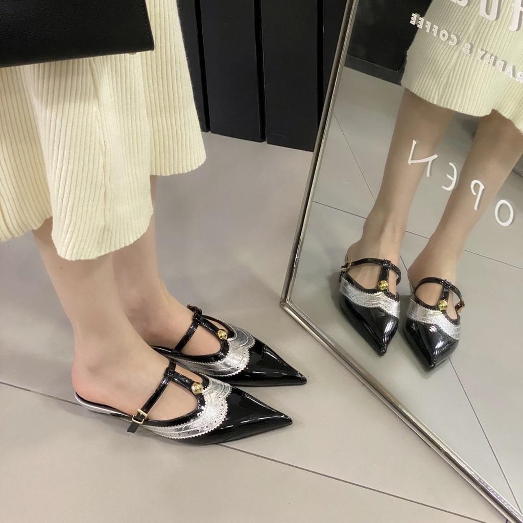 Fashion Cover Toe Female Shoes Low Ladies' Slippers Multicolored Sandals On A Wedge 2025 Pointed PU Mixed Colors Slides Patent Leather F