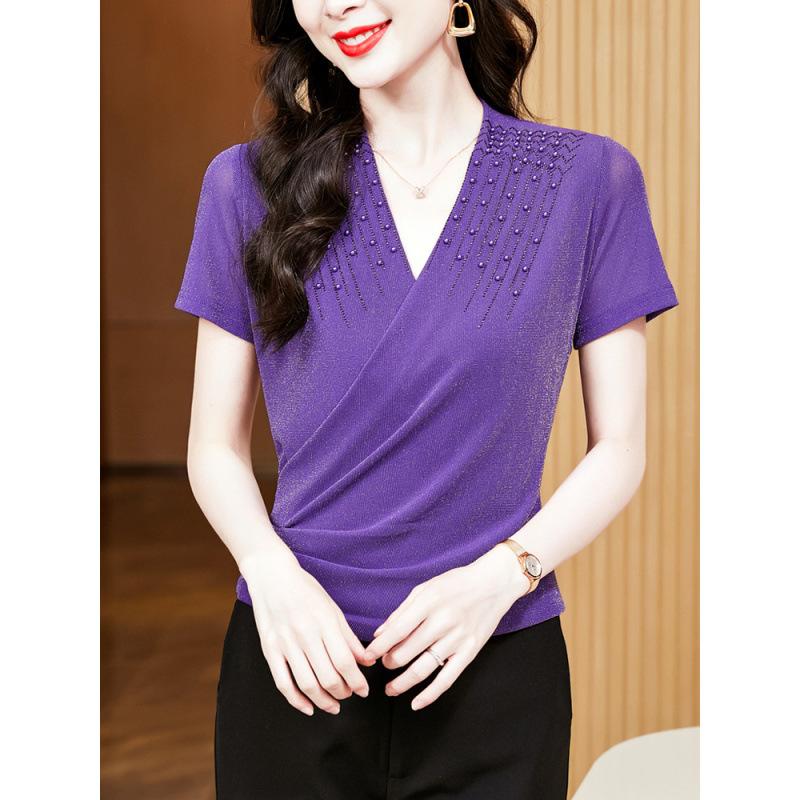 Women's Wrap V Neck Short Sleeve Mesh T-Shirt Slim Fit Rhinestone Beaded Summer Blouse