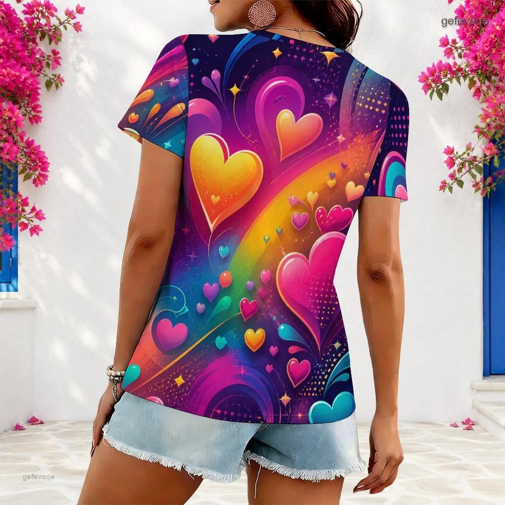 Women Plus Size Asymmetric Neck Short Sleeve Top Colorful Rainbow Heart Vibrant Art Print