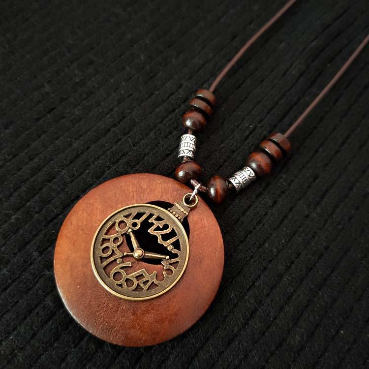 Ethnic Style Cotton-Linen Wooden Sweater Chain Necklace with Alloy Leaf Pendant