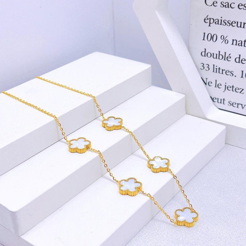 Double-Sided Mother-of-Pearl Five-Leaf Clover Jewelry Set (Bracelet, Necklace, Earrings) - 18K Gold Guaranteed