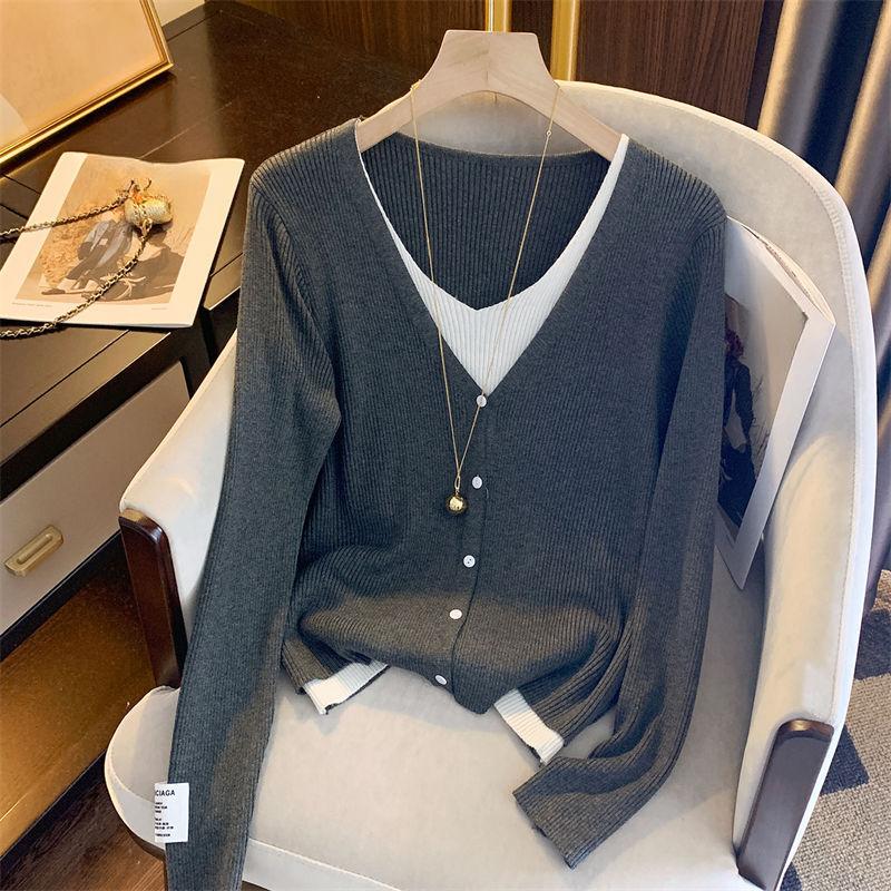 

Поддельный двухсторонний трикотажный пуловер с V-образным вырезом для женщин, осенне-зимний топ, винтажный шикарный красивый свитер с длинными рукавами One Size темно-серого