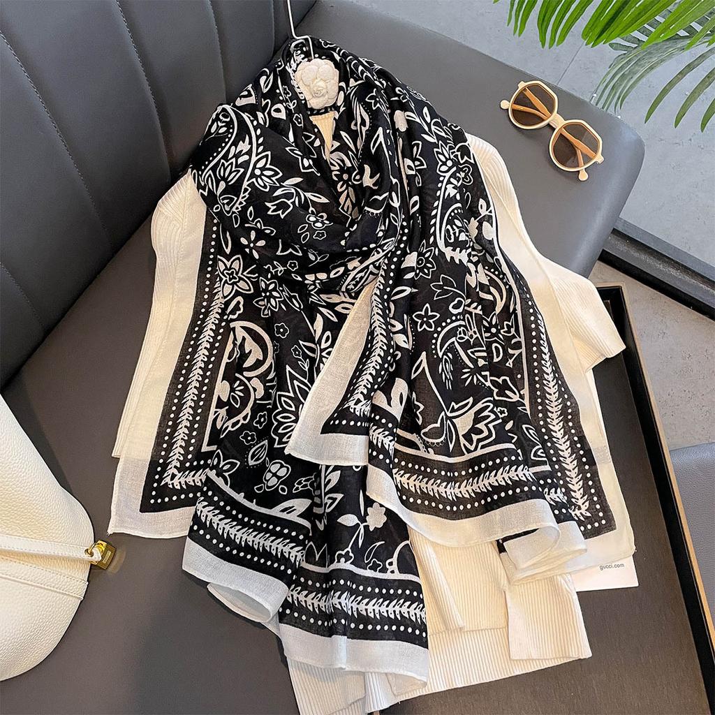 Retro Flower Printed Shawl For Women Spring Autumn Breathable Versatile Sun Protection Fashion Scarf Long Scarves Foulard