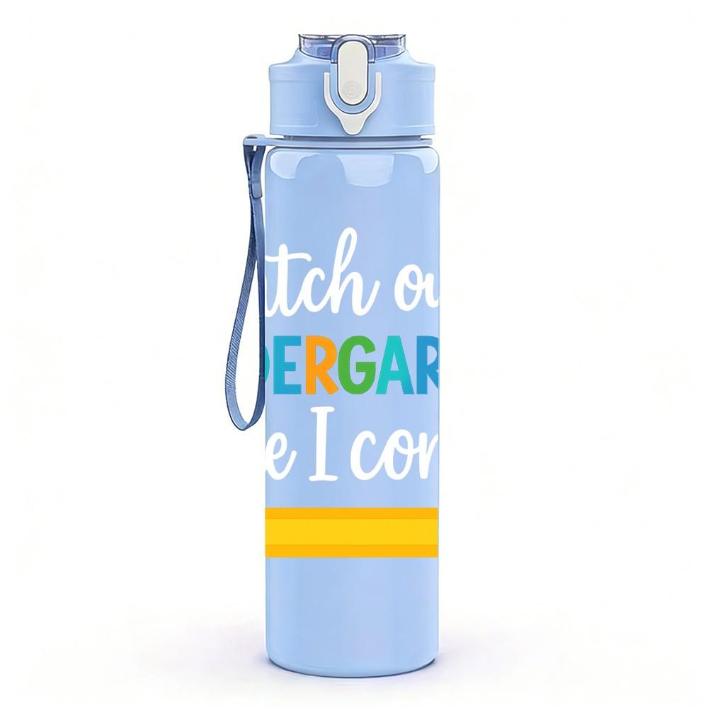 1PC Kindergarten Pencil Text Pattern 750ml Color Plastic Sports Water Bottle Leakproof Flip Straw Lid Suitable for Sports Office Home Use