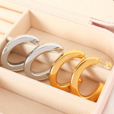 European and American Glossy Design C-shaped Earrings, Minimalist Cold Titanium Steel Plated 18k Gold Earrings