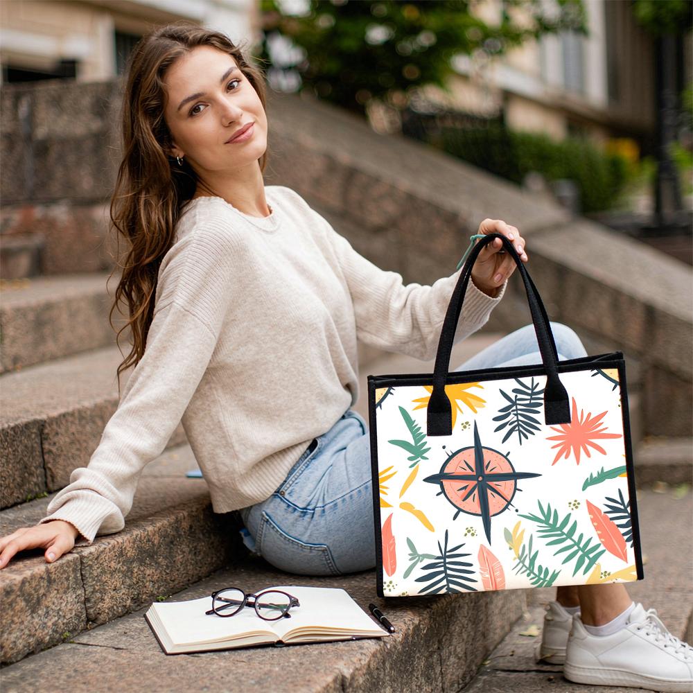Boho Tropical Printed Canvas Tote Bag Casual Large Capacity Shoulder Handbag For Daily Shopping Travel