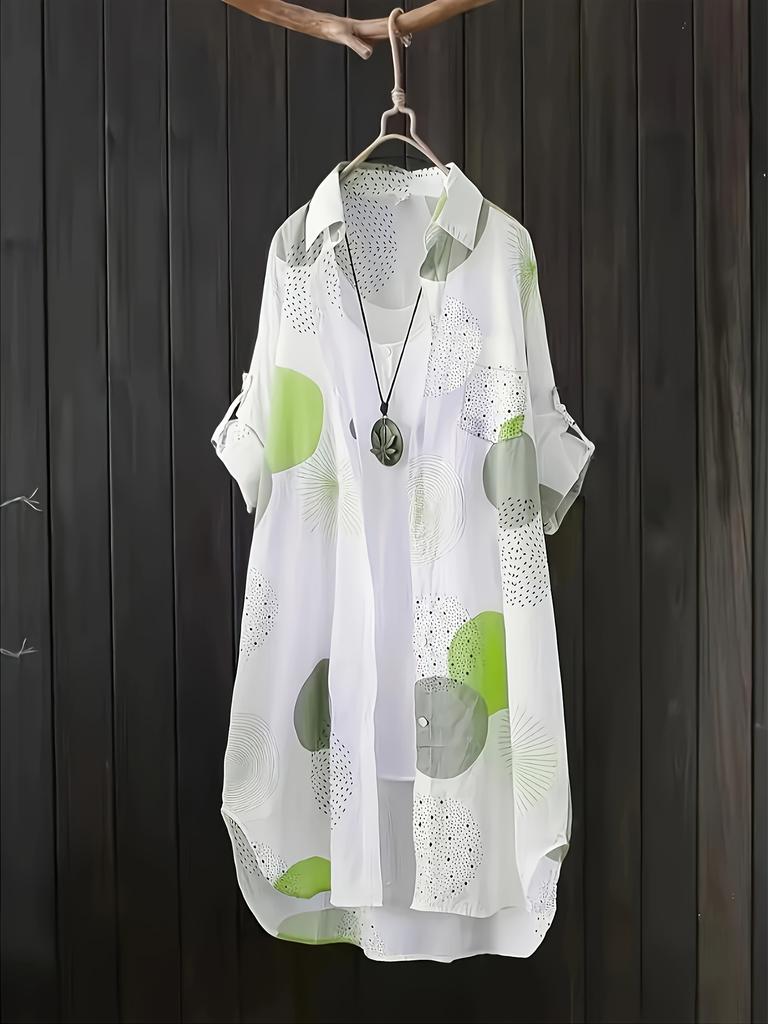 Lightweight Long Sleeve Geometric Print Shirt Women's Loose Fit Blouse, Mid-Thigh Length Button Front Casual Chic Tops for All Seasons