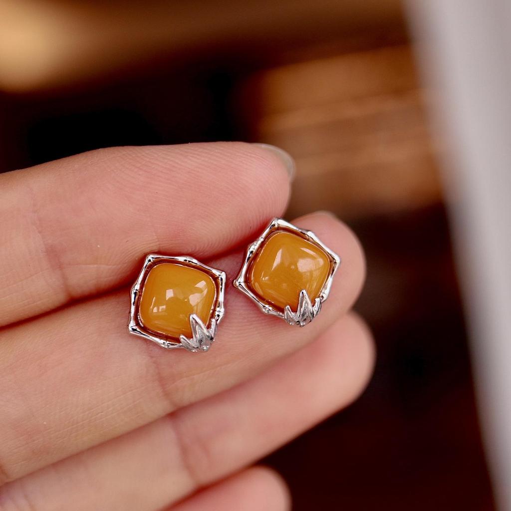 Exquisite S925 Sterling Silver Old Amber Wax Bread Block Ring Stud Earrings