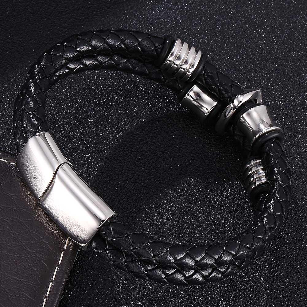 European & American Men's Woven Leather & Stainless Steel Bracelet