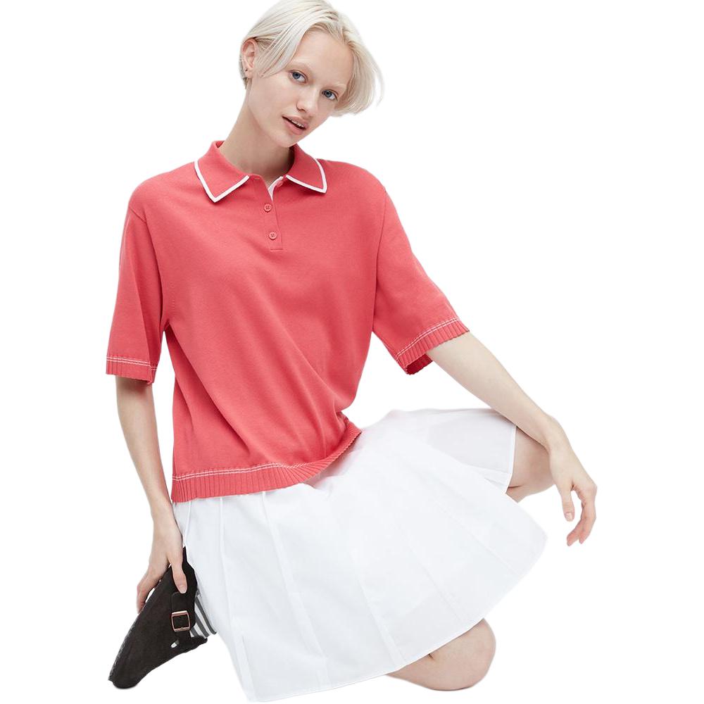 Uniqlo X JW Anderson Collaboration SS23 Spring Summer Series Striped Print Polo Neck Short Sleeve Knit Top Women tops Pink 460652-12