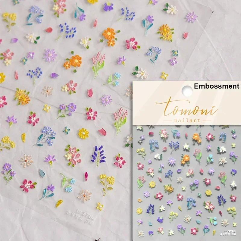 1 Pc 5D Sunflower Nail Stickers Rose Daisy Cherry Blossom Self-adhesive Nail Art Stickers Oil Painting Decorative Sticker