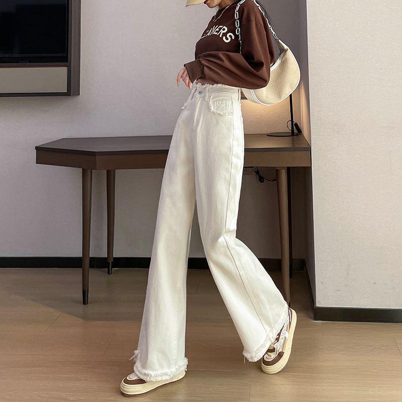 Damen Amerikanische Weiße High-Waist Wide-Leg Koreanische Jeans - Frühling Schlankmachend Bodenlang