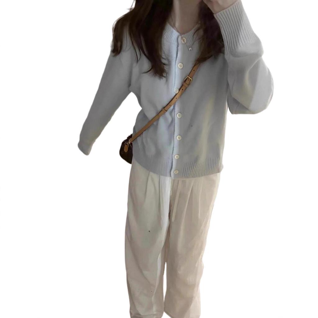 Korean Spring Blue Gentle Sweet Women's College Style Knit Cardigan Sweater - Petite, Light, and Short