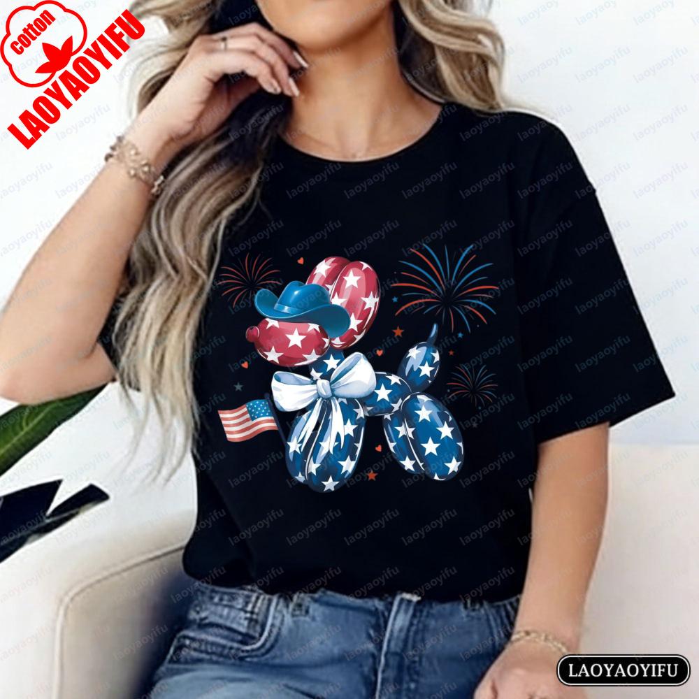 Independence Day Tee Kawaii Balloon Dog Graphic Tshirt America Red White Blue Tops Vintage Casual Fashion Clothes for Women