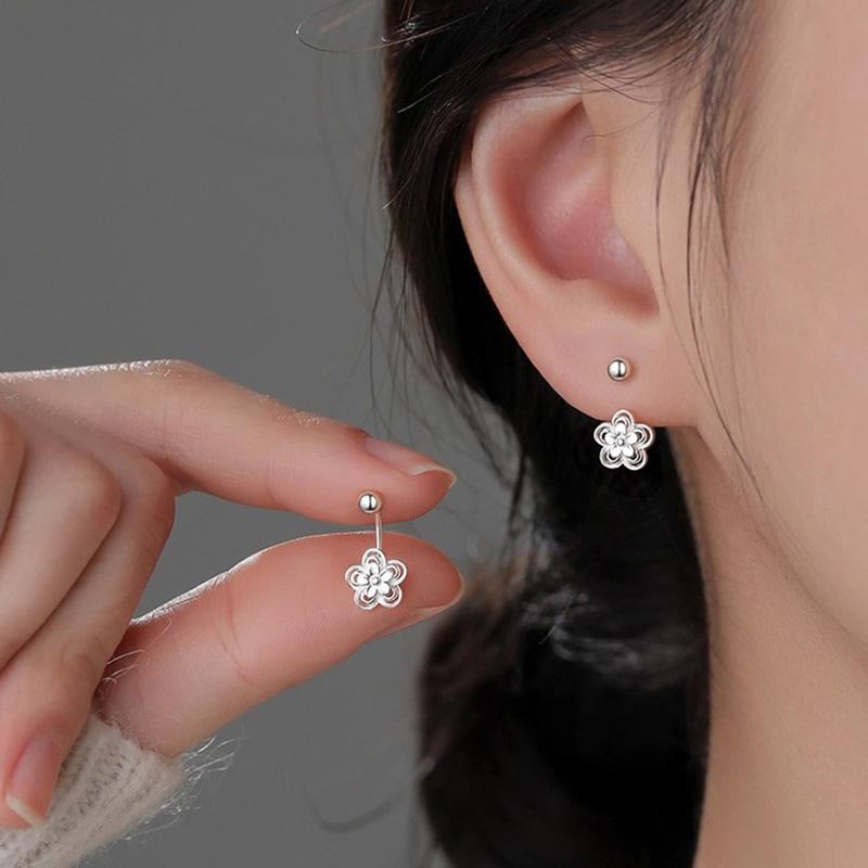 Real 925 Silver Lace Flower Bead Screw Stud Earrings For Women Party Classic Fine Jewelry Light Accessories