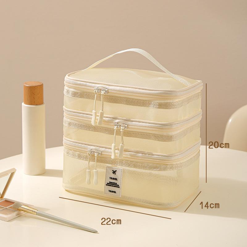 

Модная прозрачная сетчатая дорожная косметичка для хранения, 3-слойная косметичка, большая вместимость, органайзер для макияжа, женская бежевый