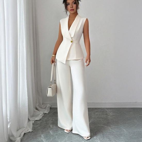 Women's Business 2 Piece Outfits Casual Sleeveless Blazer Vest Wide Leg Pants Suit Set Dressy Office Work Set