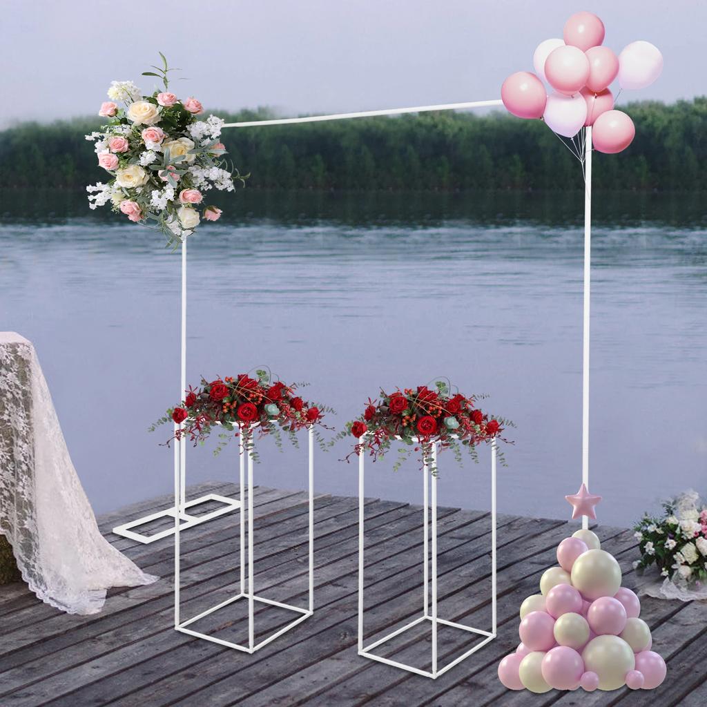 Large 2x2m Wedding Balloon Arch Stand with 2 Square Flower Stands, White Backdrop Frame, Modern Floor Mount Decor for Birthday