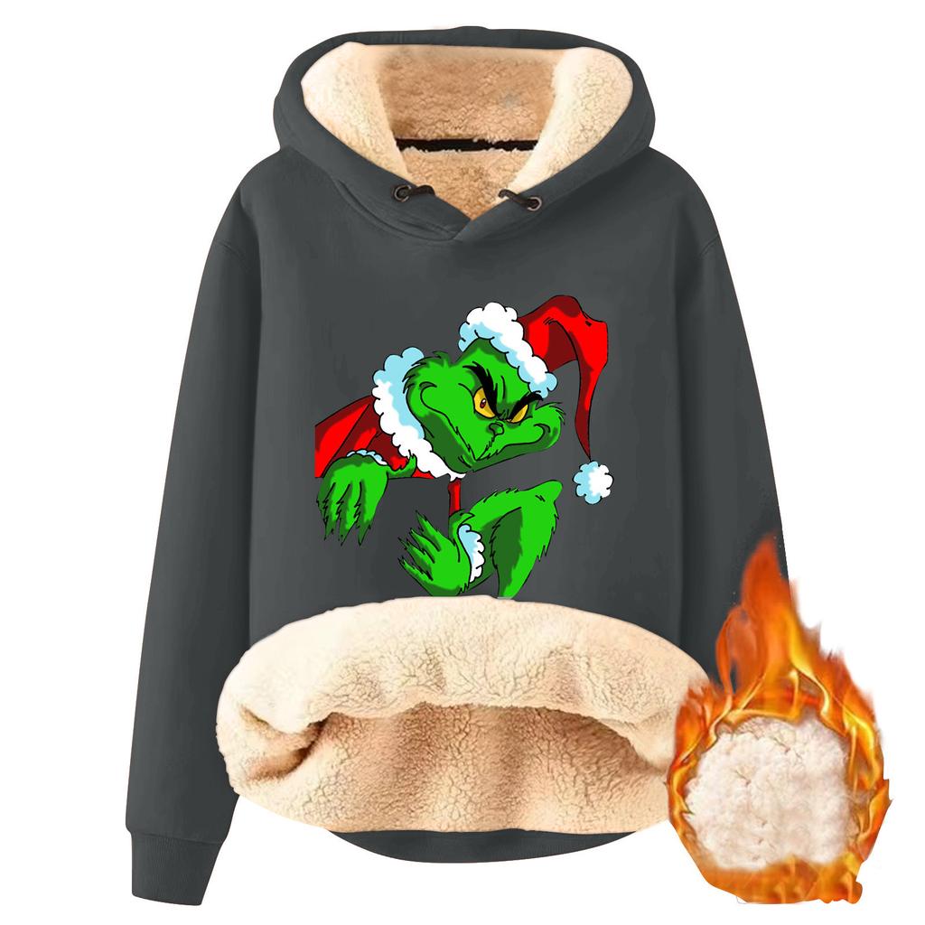 Women's Fashionable Hooded Printed Plush And Thickened Warm Loose Pullover Sweater