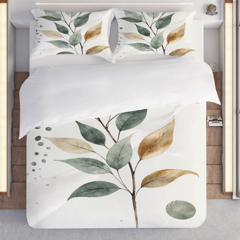 Pillowcase Quilt Cover Three-Piece Bedding,Watercolor Style,Branches And Leaves Green Leaves Yellow Leaves Background Texture
